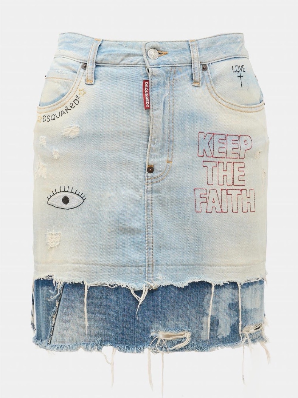 DSQUARED2 Light Blue Distressed Denim Mini Skirt with Embroidery